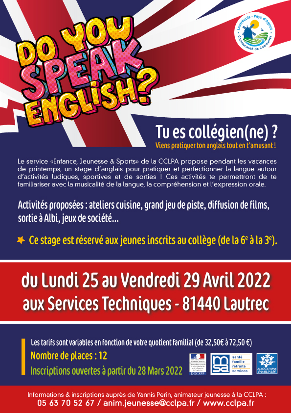 Stage d'anglais pendant les vacances de printemps - du 25 au 29 avril 2022 à Lautrec